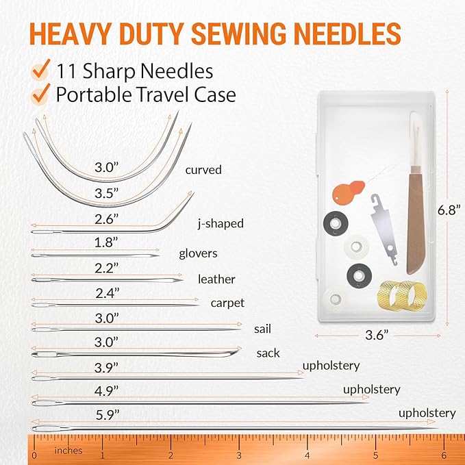 VONEEDL Heavy Duty Sewing Needles (11 PCS) & Waxed Thread (2 Black and 2 White Colors) - Upholstery Repair Kit for Leather, Canvas, Quilting & More