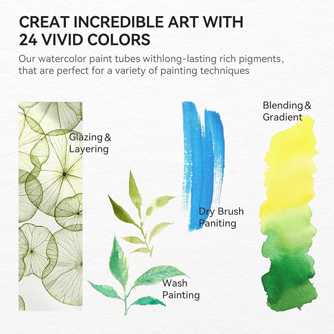 LIGHTWISH Professional Watercolor Paint Tube Set Artist Grade, 9 ML 24 Vivid Colors Art Supplies, Premium Non Toxic Water Colors Paint for Adults, Artists & Hobby