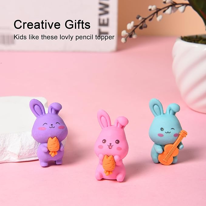 HILAZA 18Pcs Pencil Top Erasers for Kids, 3D Cute Rabbit Pencil Toppers, Bulk Fun Pencil Cap Easters for School Classroom Supplies Prize Gifts Party Favors