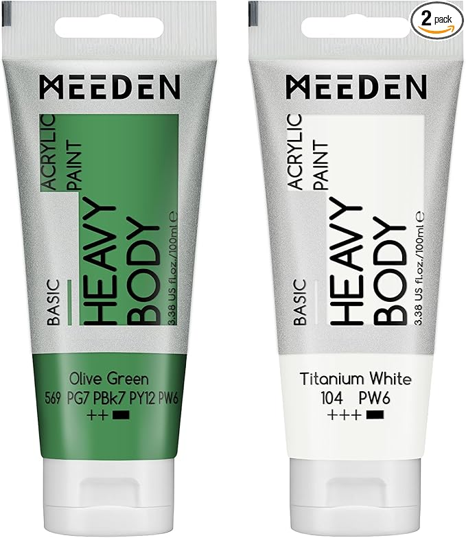 MEEDEN Acrylic Paint Olive Green: Bundled with Additional Titanium White Color - 100ml/3.38oz x 2 Bulk Heavy Body Acrylic Paint Tubes for Art Craft Painting