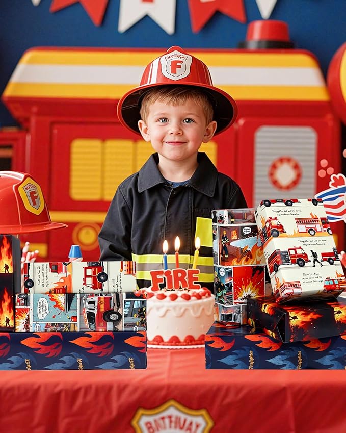 Pineraap 12 Sheets Firefighter Themed Wrapping Paper, Fire Safety Gift Wrap for Firefighter, Folded Flat Art Paper for Birthday Parties, Fireman Theme Favors, Thank You & Appreciation,19.7 x 27.6 Inch