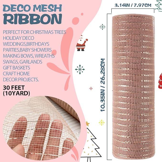 Anivia Deco Mesh Ribbon, 10inch x 30 Feet Each Roll Metallic Foil Mesh Ribbon for Wreaths Swags, Holloween, and Christmas Tree Decoration (Rose Gold)