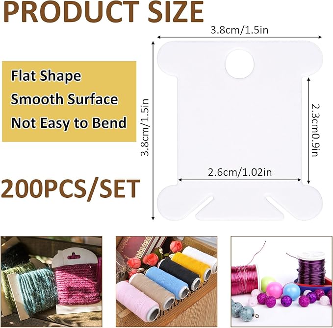200 PCS Embroidery Floss Bobbins, Plastic Embroidery Floss Organizer, White Sewing Machine Bobbin for Cross Stitch, Thread Holder Sewing Storage for Sewing Thread, Needlework Supplies