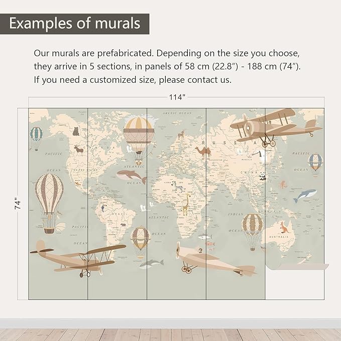 AFZEVEB-Vintage Animal Wallpaper Cartoon Aircraft Map Wall murals for Kids Room 114"x74"(Not Peel and Stick)