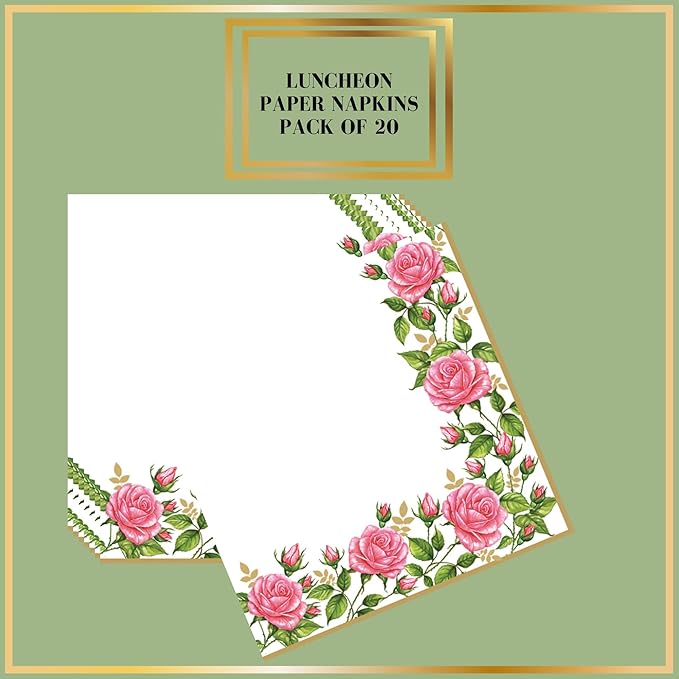 20-ct 13x13 Flowers Paper Luncheon Decoupage Napkins, 3-Ply Servilletas Printed Flower Border Cocktail Napkin for Art, Dinner and Party, Disposable Napkins Decor