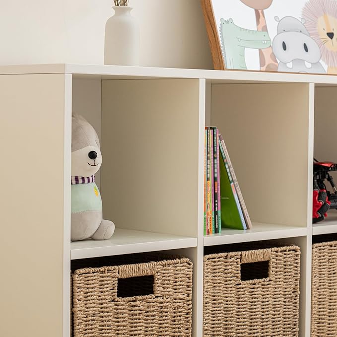 Wood 8-Compartment Storage Cabinet 8-Cube Storage Cabinet Organizer Wooden Cubby Bookshelf White 2 tier Open Cabinet Qquare Cubby Shelf for Home Office Living Room (8-Cube, 11 in Shelf Opening)