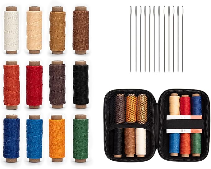 WUTA Leather Waxed Thread Round Polyester Sewing Threads with 12 Pcs Needles and Storage Bag Leather Craft Hand Stitching Line DIY Bracelet Thread Repair Work Cord (0.55mm