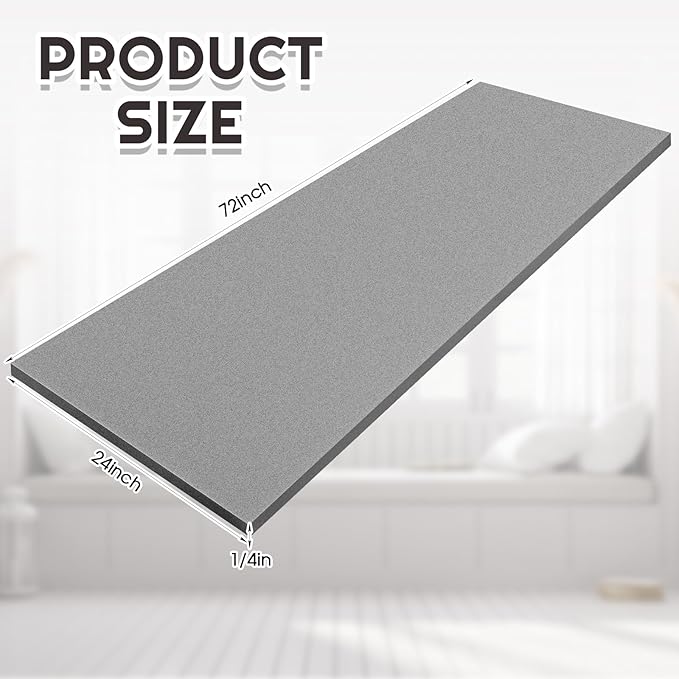 Amylove Polyurethane Foam 24" x 72" High Density Cushion Upholstery Foam Sheet for Seat Replacement DIY Projects Chairs Headboards Sofas Home(1/4" X 24" X 72",Gray)