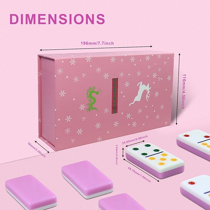 IDTQ Dominoes Set for Adults, Double 6 Dominos Game Set with 28 Domino Tiles Double with Upscale Gift Boxes -7 Polyhedral Dice -Classic Board Games (Pink)