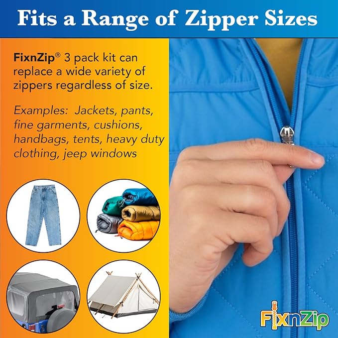 FixnZip (Black Nickel 3 Pack S,M,L) - Universal Zipper Repair Kit for Jackets, Luggage, Bags - Backpack Zipper Replacement Repair Kit