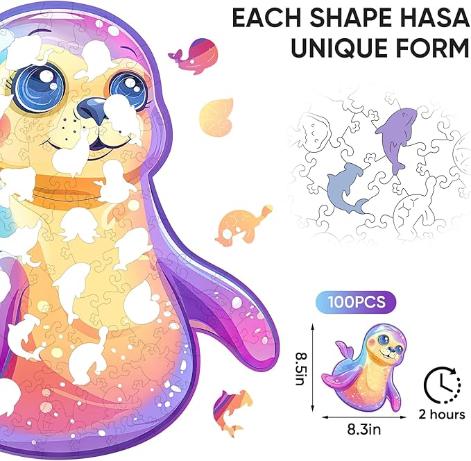 Wooden Puzzles for Adult and Kids, 100 Pieces Ocean Puzzle, Unique Shaped Sea Lions Wooden Preschool Puzzle, Toddler Wooden Puzzle Toy Gift for Family and Friends, Suitable for Family Games