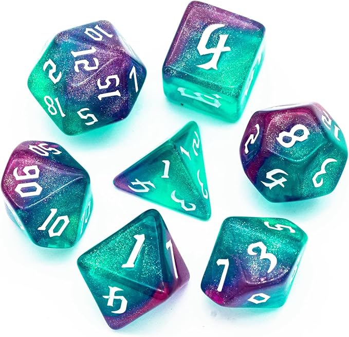 7-Die DND Dice Set Polyhedral Dice Set with a Leather Bag, D&D Dice Set for Dungeons and Dragons, RPG Table Games (Rose Blue w/Glitter)