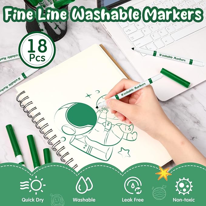 18 Pcs Line Washable Markers Bulk Green Fine Tip Markers Set Coloring Thin Tip Drawing Washable Pen for Kids Art School Classroom Back to School Gender Reveal Party Supplies, Ages 6+