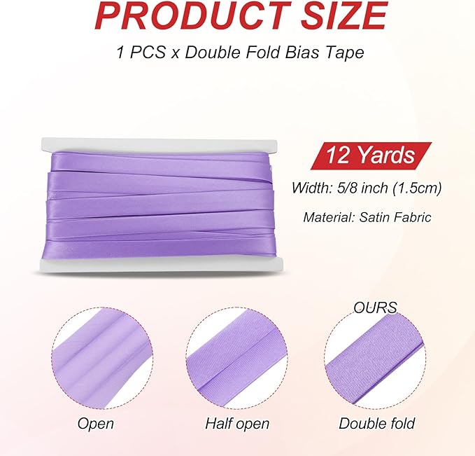 MECCANIXITY Double Fold Bias Tape for Sewing 5/8 Inch x 12 Yards Satin Pre-fold Continuous Binding Tape for Seaming Quilting Hemming Binding DIY Crafts, Light Purple