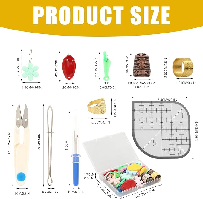 31 PCS Sewing Thimble Kit, Thimbles for Metal Finger Protectors, Thimbles for Hand, Seam Rippers for Sewings, Needle Threaders, Sewing Scissors, Sewings Patchwork Ruler