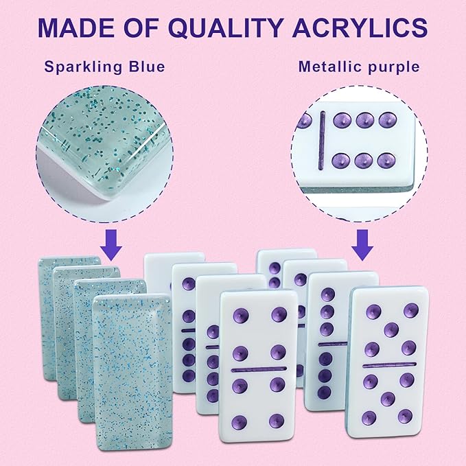IDTQ Dominoes Set for Adults, Double 6 Dominos Game Set with 28 Domino Tiles Double with Upscale Gift Boxes -7 Polyhedral Dice -Classic Board Games (Light Blue)