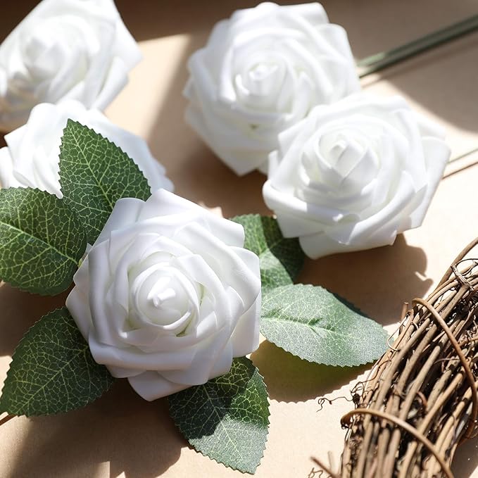 AmyHomie Artificial Flower White Rose 25pcs Real Looking Fake Roses w/Stem for DIY Wedding Bouquets Centerpieces Arrangements Party Baby Shower Home Decorations