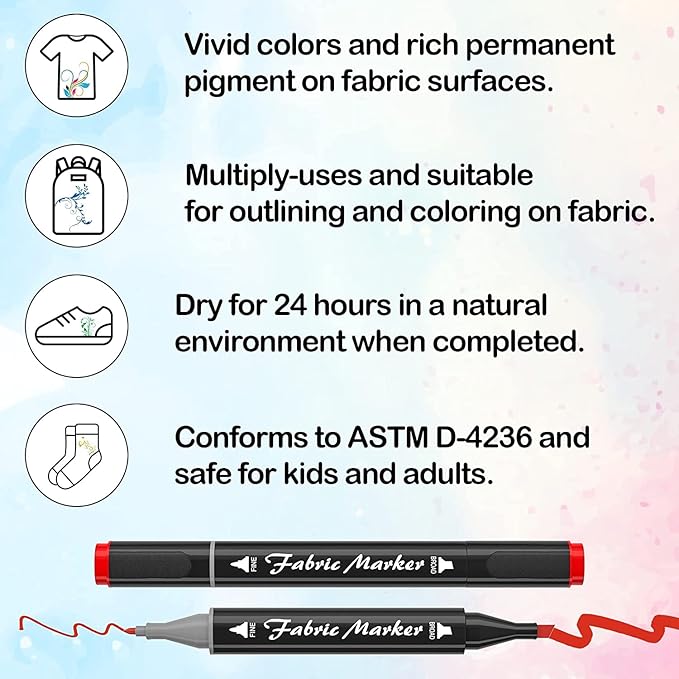 Shuttle Art Fabric Markers Pens, 40 Colors Dual Tip Fabric Markers Permanent No Bleed Pens for T-Shirts Sneakers, Non-Toxic & Child Safe Permanent Pens for Kids Adult Painting Writing