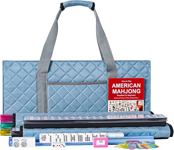 ZGME American Mahjong Set,166 White Tiles with Blue Rectangular Bag and Accessories,4 All-in-One Mahjong Racks with Pushers,Complete Western Mahjong Set
