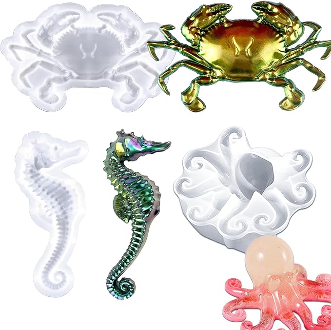3 Pcs Marine Resin Molds Set Seahorse Octopus Crab 3D Animal Silicone Epoxy Molds for DIY Resin Concrete Desktop Aquariums Fish Tanks Ocean Animal Themed Home Decor Party Supplies Ideal Presen