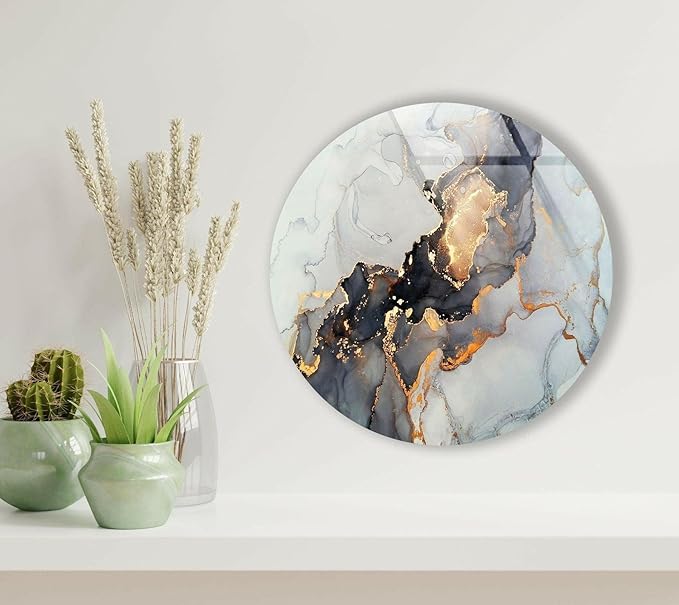 My Photostation.com 10''(25cm) Diameter Gold Details Gray Marble Round Glass Wall Art Tempered Glass Printing Wall Decor Large Wall Art Wall Hangings