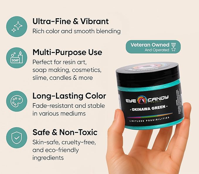 Eye Candy Pigments Premium Green Mica Powder - Okinawa Green (50gr) - for Epoxy, Resin, Soap, Paint, Woodworking, Acrylic Pouring, Bath Bombs, Fishing Lures - DIY Arts and Crafts Additive