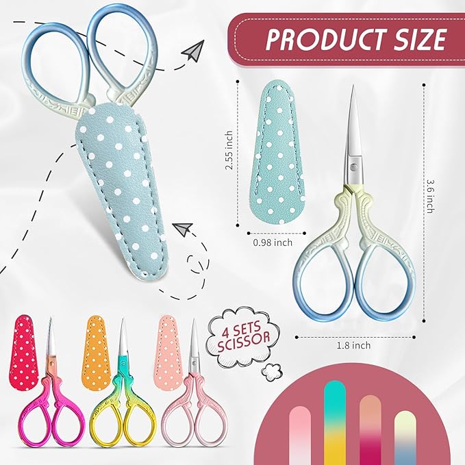 Honoson 4 Pcs Sewing Embroidery Scissors with 4 Pcs Artificial Leather Cover 3.6 Inch Stainless Steel Stork Scissors Vintage Embroidery for Needlework Manual Sewing Handicraft(Classic Colors)