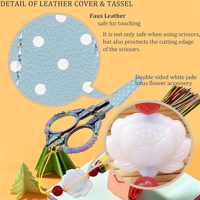 BIHRTC 4.5Inch Sewing Scissors Stainless Steel Sharp Tip Scissors with Leather Cover Tassel Small Crafting Household Shear for Cross Stitch Needlework Beading DIY Threading