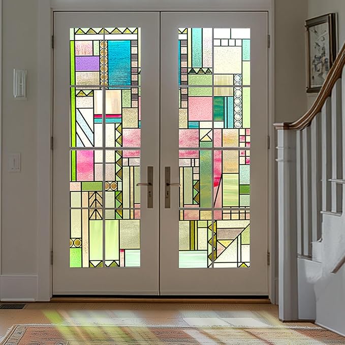 3D Stained Glass Window Privacy Film, Heat Control UV Blocking Static Cling Decorative Window Film for Bathroom,Front Door,Home Non Adhesive 16.9 x 78.7 inches Colorful Abstraction