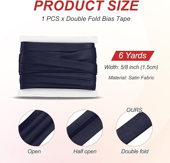MECCANIXITY Double Fold Bias Tape for Sewing 5/8 Inch x 6 Yards Satin Pre-fold Continuous Binding Tape for Seaming Quilting Hemming Binding DIY Crafts, Navy Blue