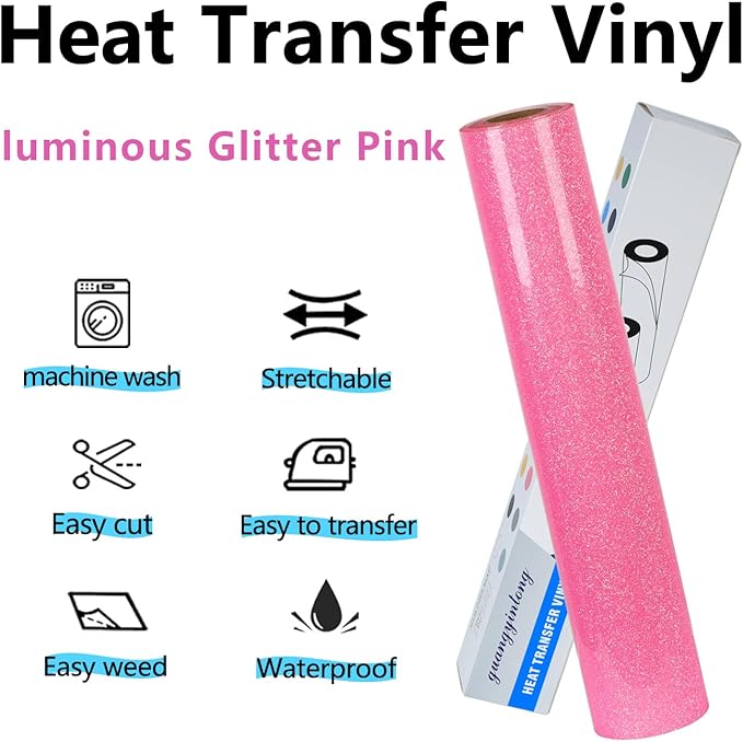 guangyintong Glow Glitter Pink Heat Transfer Vinyl HTV Rolls, 12" x 8ft Iron on Vinyl for T-Shirts, Glitter HTV Vinyl for All Cutter Machines Easy to Cut & Weed for DIY Design