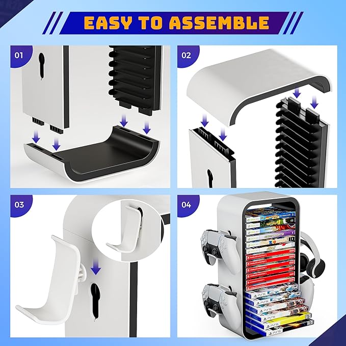 Allnice Universal Game Rack - Stores 19 Games, 4 Controller Holders, Organizes PS5/PS4/Xbox One/360/Series X/S/Switch & More