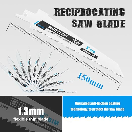 10Pack 6 inch Reciprocating Saw Blades Set,8+10 TPI High Carbon Saw Blades, Metal Saw Blades with Organizer Case (10, 8+10TPI/150mm)