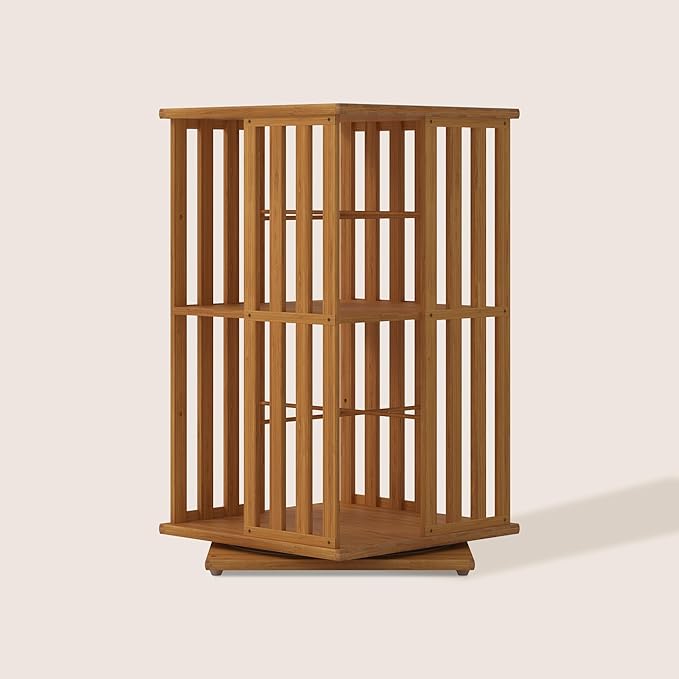 XIMN 360° Rotating Bamboo CD/DVD Shelf - 6-Tier Space-Saving Media Storage Cabinet for Movies, Organizer with Super Compact Design (Walnut, 2 Tier)