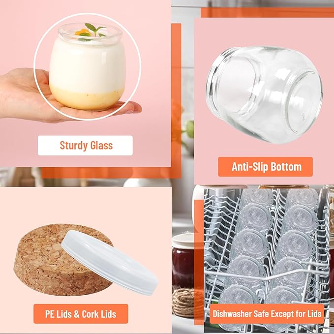 7oz Glass Jars with Cork & PE Lids 20Pack, Small Glass Pudding Jar for Wedding Favors, Milk, Jams and DIY Gift, Yogurt Jars with Tags and Twine Included