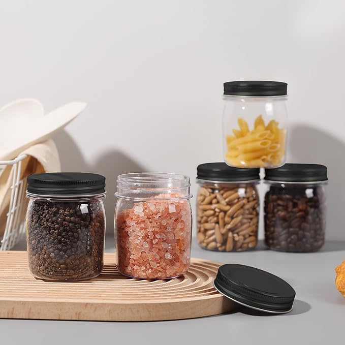 novelinks 8 oz Clear Plastic Jars with Screw-On Lids - BPA-Free Refillable Storage Containers for Slime, Spices, Crafts, Kitchen & Home Organization (8 Pack,Black)