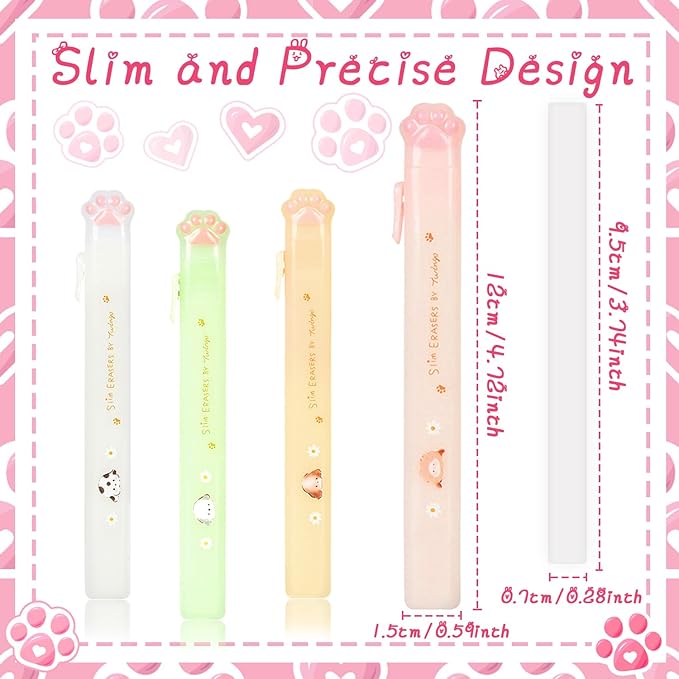 Benvo Retractable Cat Paw Erasers 4 Pcs with Refillable Rubbers Slim Erasers for Precise Erasing, Cute Eraser for Students, Artists, Office Use