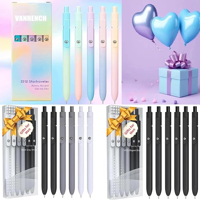 Vanhench 7Pcs 0.5mm Black Ink Gel Pens Quick Dry with Soft Silicone Touch Barrel & Fidget Stress Ball, Multifunction Writing, Fine Point Smooth Writing Pens, Nurse School Supplies