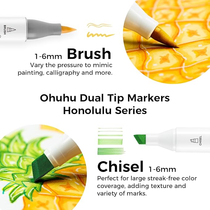 Ohuhu Alcohol Markers Brush Tip - 168-color Art Marker Set Double Tipped Alcohol-based Markers for Artist Adults Coloring Illustration- Brush & Chisel - Honolulu - Refillable Ink