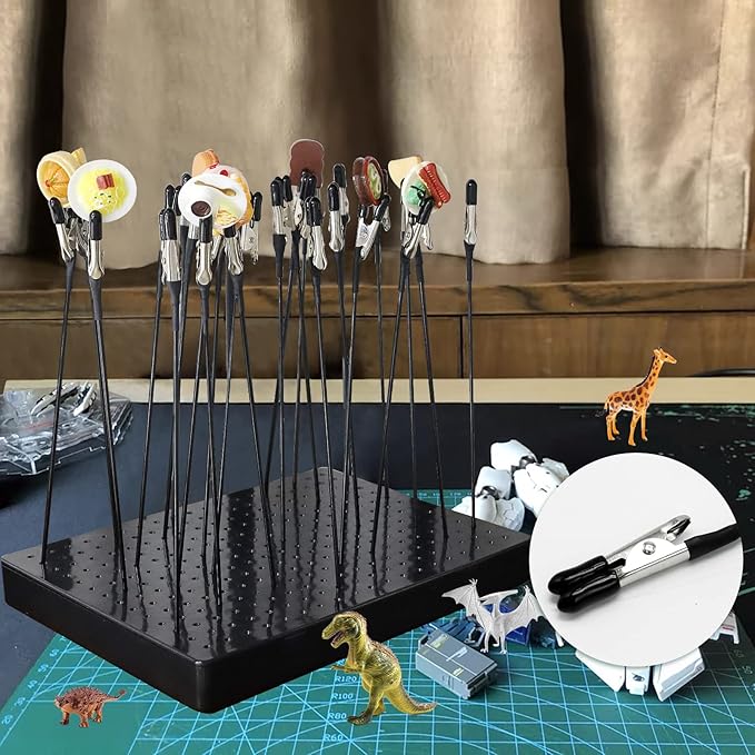 LAMXD Model Painting Stand Base (19 x 14 Holes) and 26PCS Alligator Clip Sticks Set (with Rubber Tips) Modeling Tools for Airbrush Spray, for Model Parts Holder (7.87 x 5.9Inch)