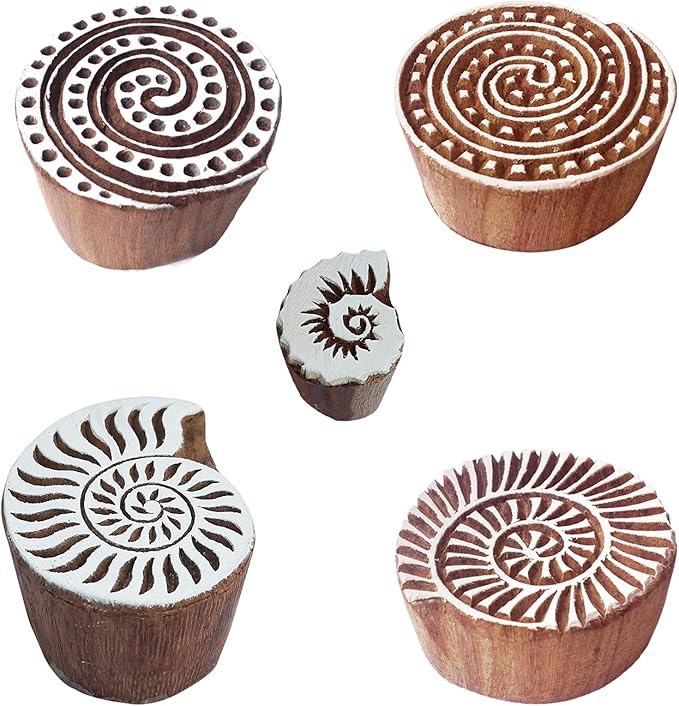 Royal Kraft Spiral Wooden Printing Stamps (Set of 5) - DIY Henna Fabric Textile Paper Clay Pottery Blocks Htag2230