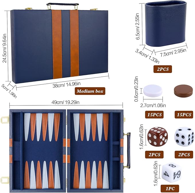 Backgammon Set 2 Players Classic Backgammon Sets for Adults Board Game with PU Leather Case Portable and Travel Backgammon Set (Navy, 15inch)