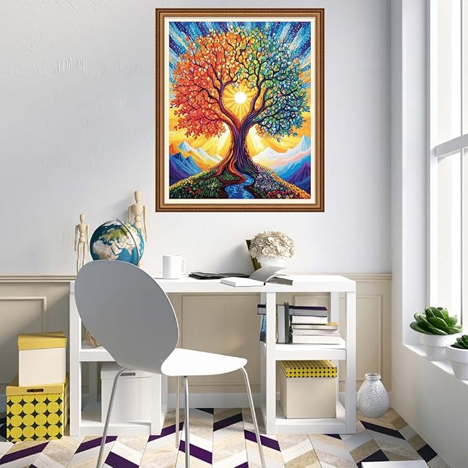 Disnesart Cross Stitch Stamped Full Embroidery Kits DIY 11CT Cotton Thread Printed DIY Needlepoint Kits Craft Needlework Set Cross-Stitch Stamped Sets-Tree of Life Sun 16x20 inch