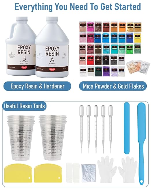 2 Gallon Epoxy Resin Kit with 36 Colors Mica Powder, Gold Foil, Cups & Stick, Crystal Clear Resin Beginner Supplies for Coating Casting Table, Molds, Jewelry Making, DIY Art Craft, 1:1 Ratio