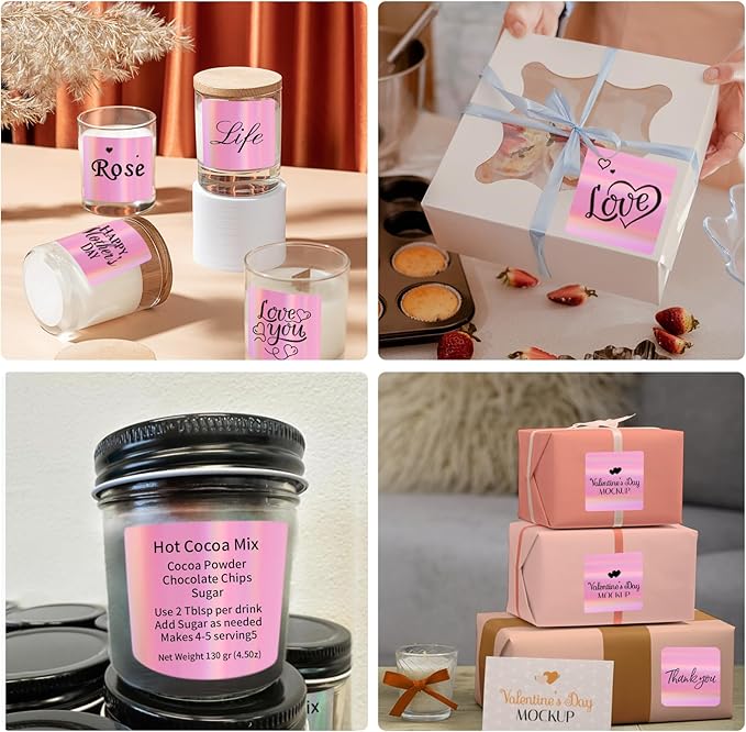 Holographic Square Thermal Labels Stickers 3" x 3", Direct Square Thermal Stickers Labels, Glitter Self-Adhesive Thermals Label for Small Business- Holographic Pink