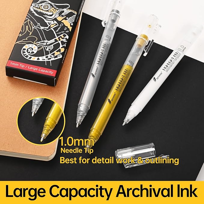 Silver Gel Pens, 3 Pack, 1mm Extra Fine Point Gel Ink Pen, Opaque White Archival Ink Pens for Black Paper Drawing, Sketching, Card Making