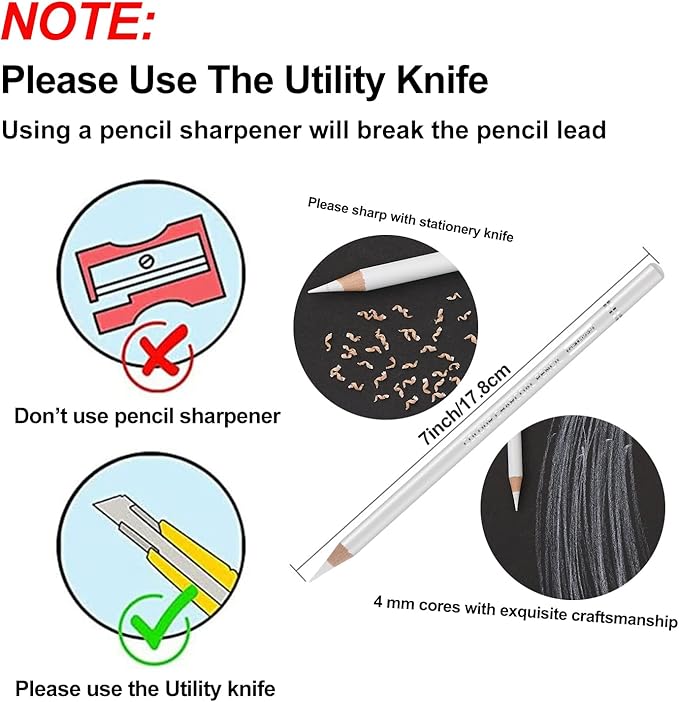 Professional White Charcoal Pencils Set - 6 Pieces Sketch Highlight White Pencils for Drawing, Sketching, Shading, Blending - Beginners & Artists
