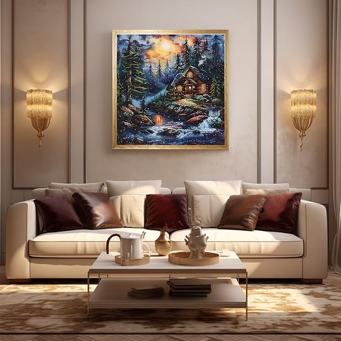 Xinpinzhou Creek Landscape 11ct Cross Stitch Kits, 11 CT Funny Pre Printed Counted Stamped Cross Stitch Embroidery Needlepoint Needlework Patterns Kits for Beginners Adults Crossstitch 40x40 cm