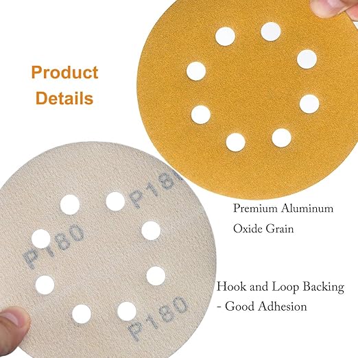 5-Inch 8-Hole Hook and Loop Sanding Discs 180-Grit Random Orbit Sandpaper, 50-Pack