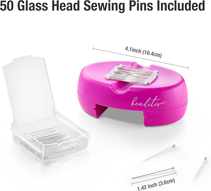 Beaditive Magnetic Pin Cushion with Drawer - Strong Magnet Pin Holder Cushions for Sewing - 50 Glass Head Quilting Pins Included - Chic Pincushion Caddy for Sewing Pins, Paper Clips, Screws – Fuchsia